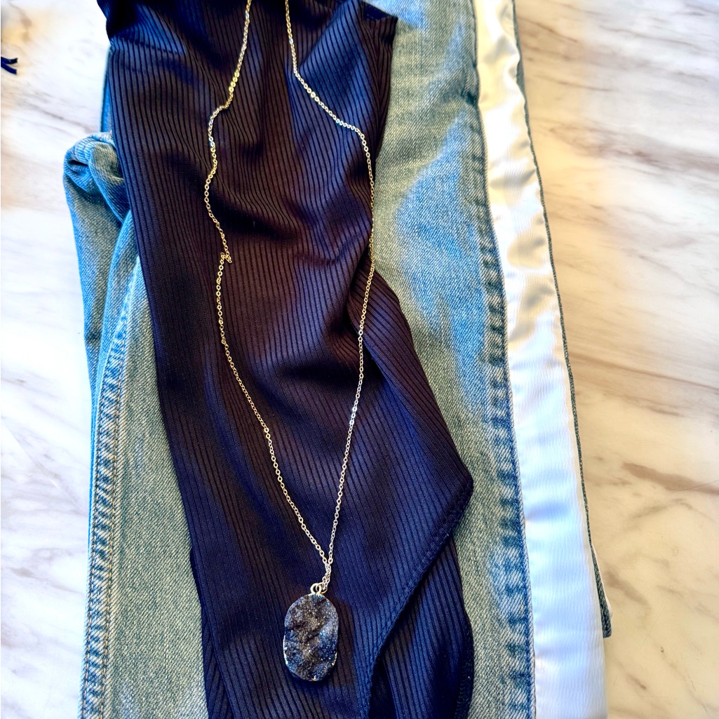 Gold-Tone Chain Necklace With Black Drusy Stone Pendant